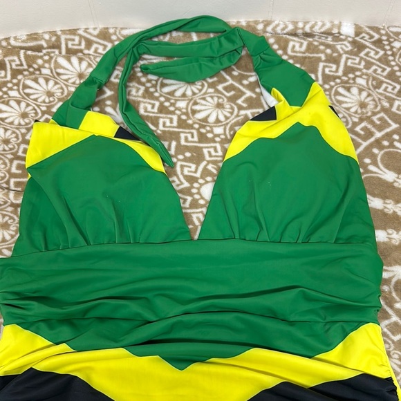 Emerald Green and Yellow Halter One Piece Swimsuit - Picture 2 of 9